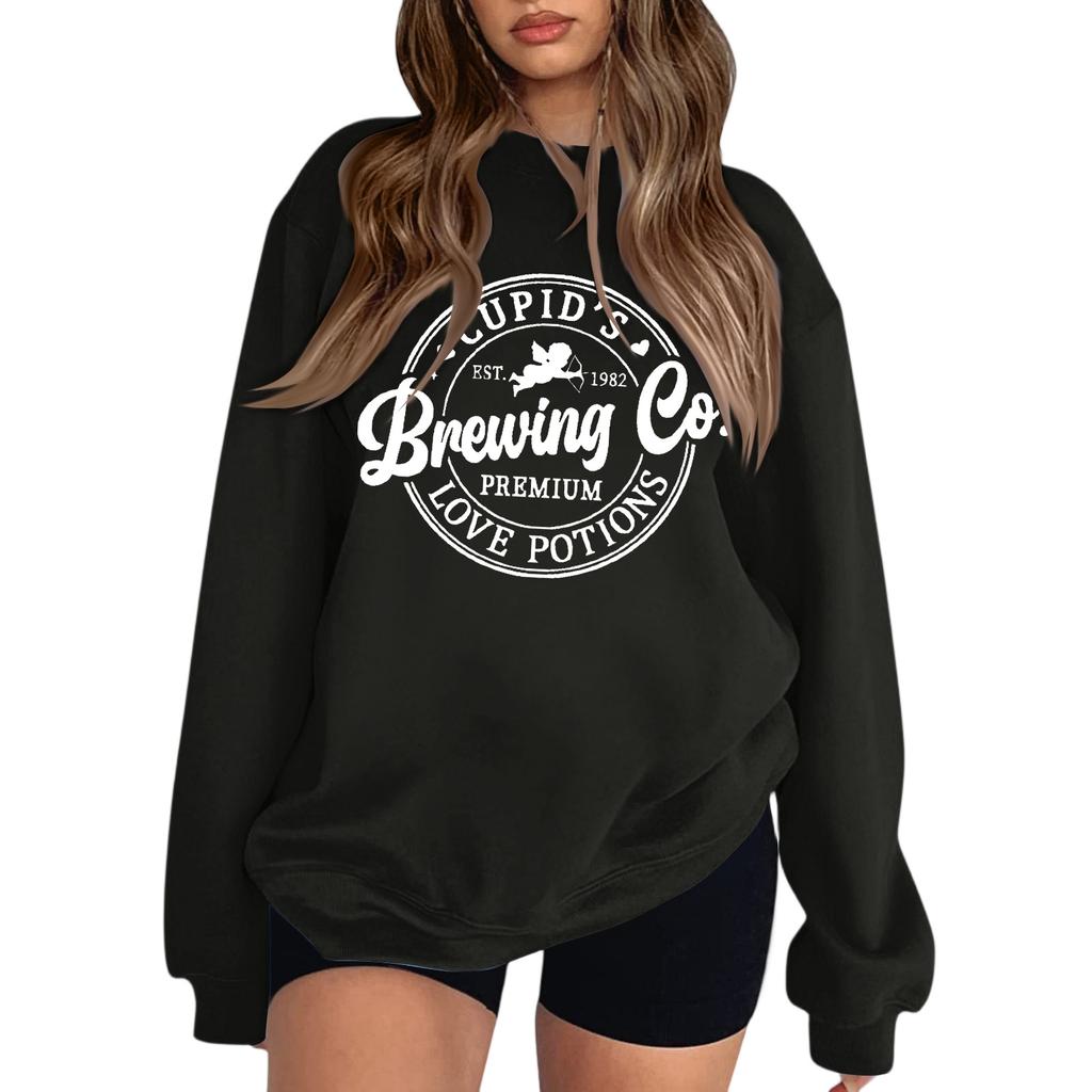 Women's Fashion Round Neck Long Sleeve Solid Color Valentine's Day Letter Top Sweatshirt