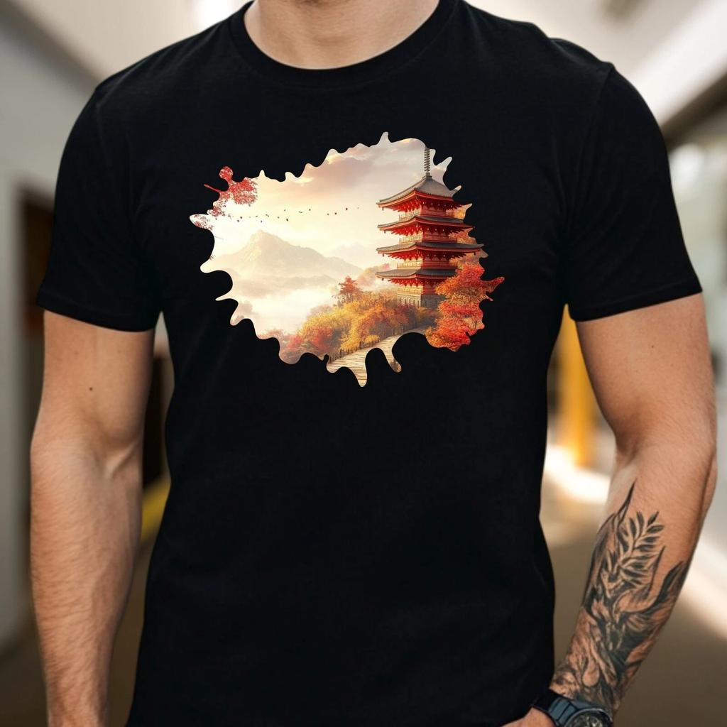 T-Shirt Herren Japanische Tempelpagode Motiv Baumwolle Größe S bis 5XL