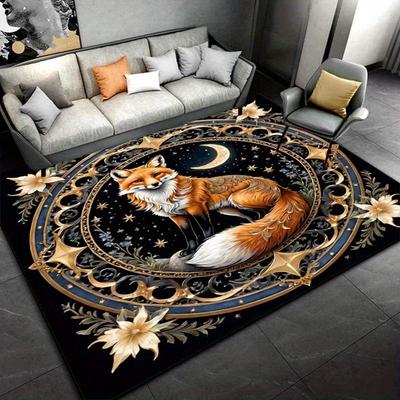 Fox and Moon Round Rug for Bohemian Interiors - Celestial Theme, Exotic Animal Pattern Anti Slip Carpet Can Be Machine Washed