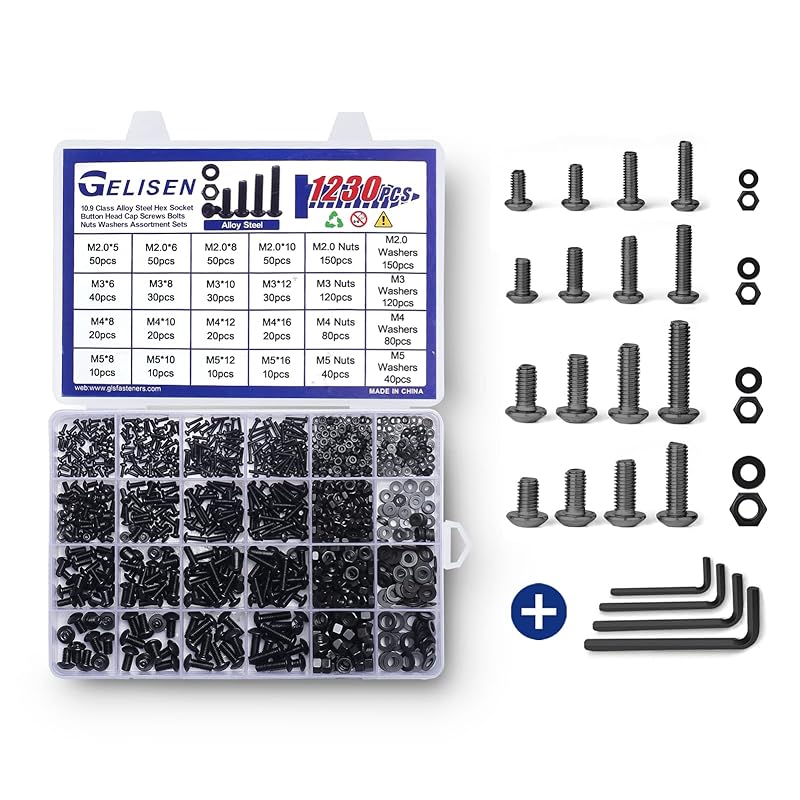 1230Pcs M2 M3 M4 M5 Silver Hex Socket Button Head Screws Nuts Washers Assortment Sets,10.9 Class Alloy Steel Screws Bolts Kit with 4 Allen Wrenches