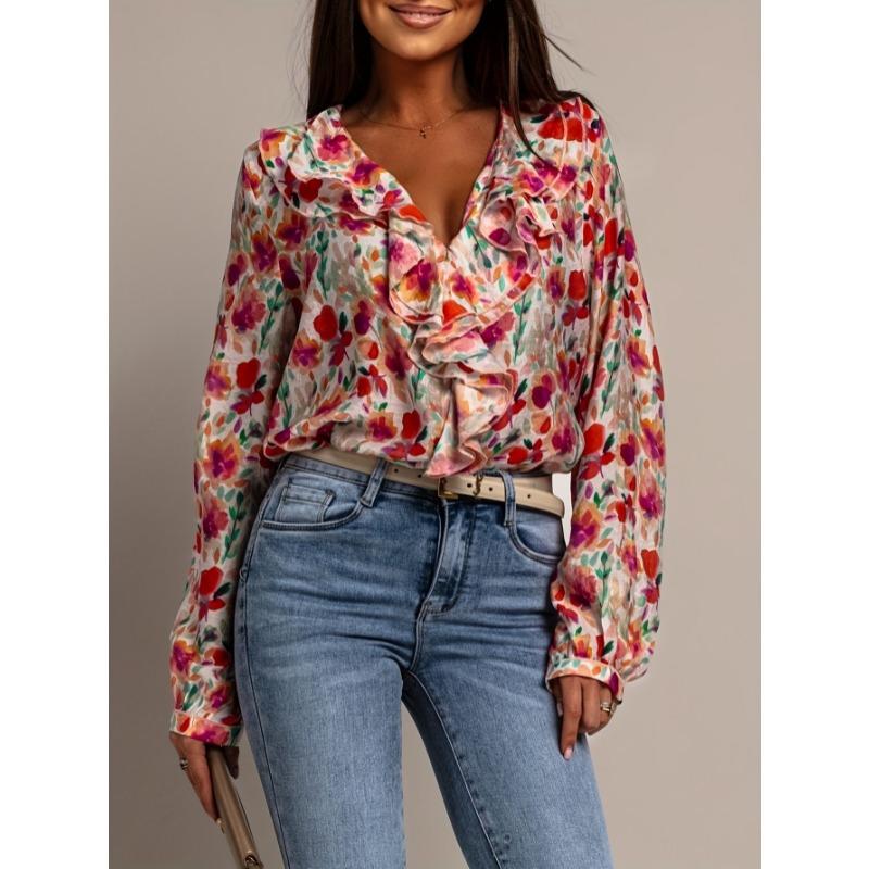 

2025 New Ruffled Floral Printed Sweet Blouse Women Elegant Spring/Summer V-neck Loose Sweet Fashion Top Casual Long Sleeve Office Lady Shirt XXL