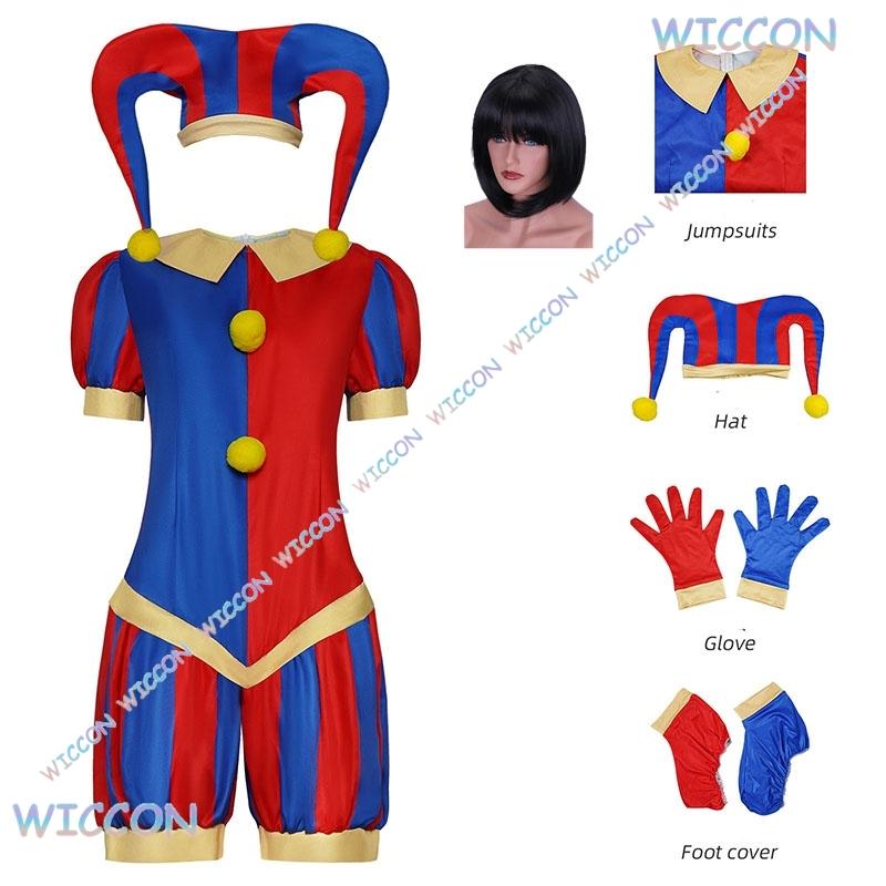 Pommni Vestiti Cappello CosRoom/Bambini Adulti Cartone Animato Circo Pagliaccio Cosplay Completo Costume Parrucca Halloween Tuta Rossa Outfit Carnevale Carino