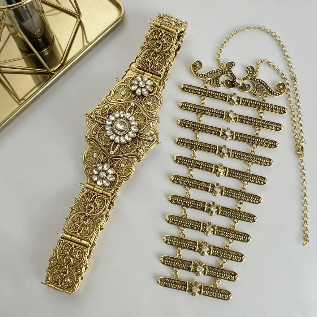 Caucasian Ethnic Rhinestone Waistband & Necklace Set