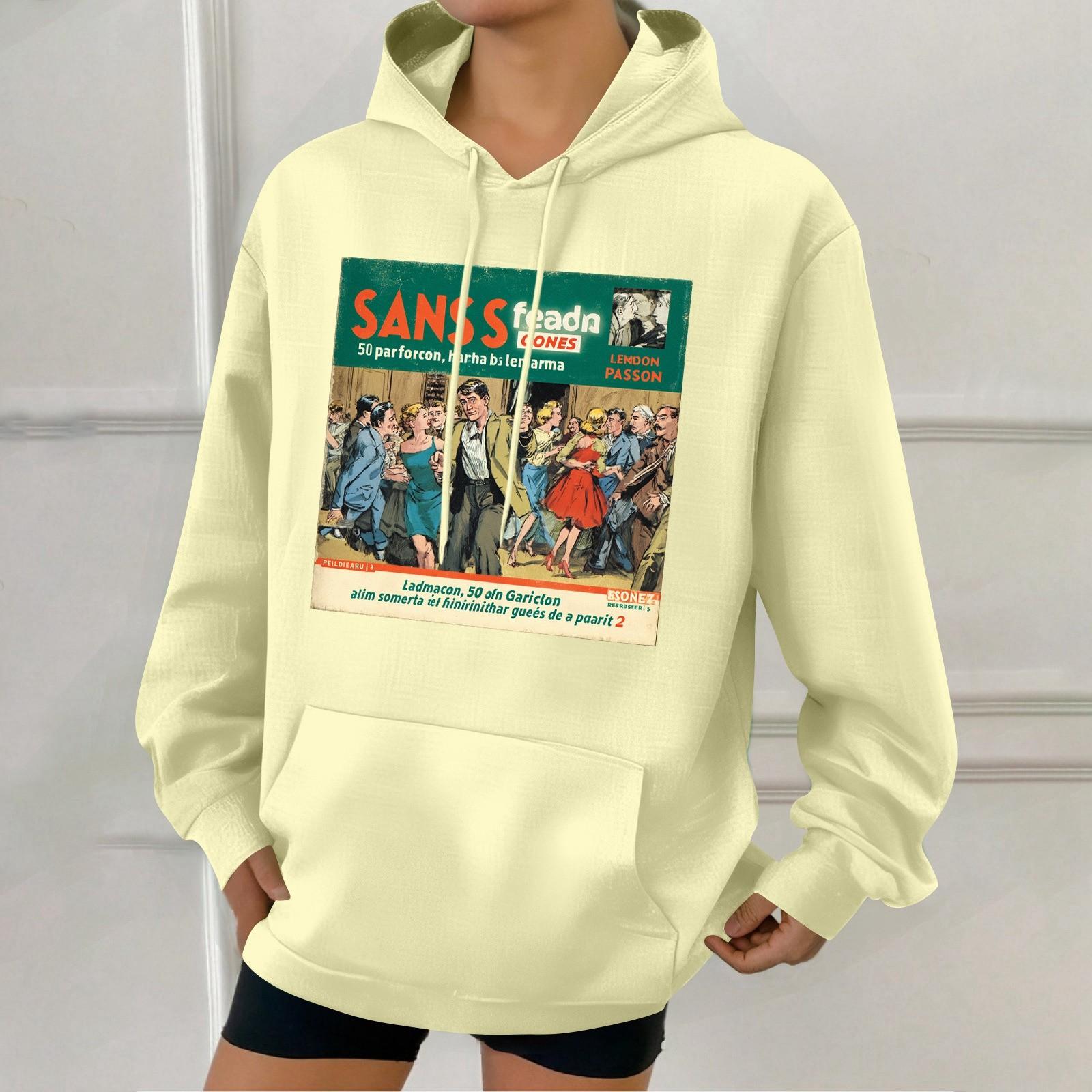 

Women s Fashion Retro Printed Casual Hooded Sweatshirt With Pockets L жовтий