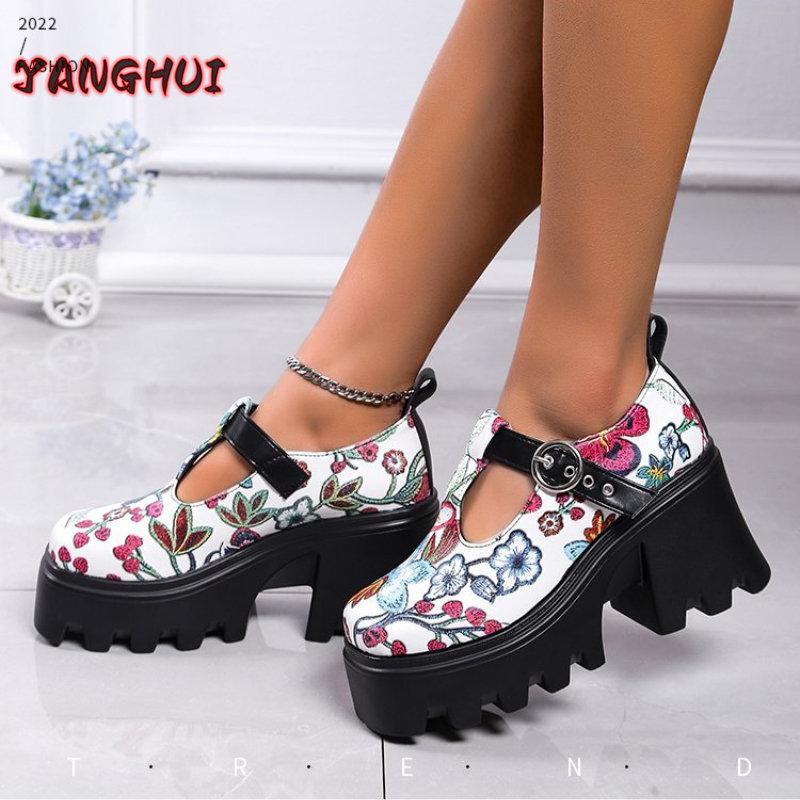 Spring and Autumn New Fashion Retro Printed Small Leather Shoes Women's Comfortable Versatile Thick Sole Thick Heels Shoes Mujer