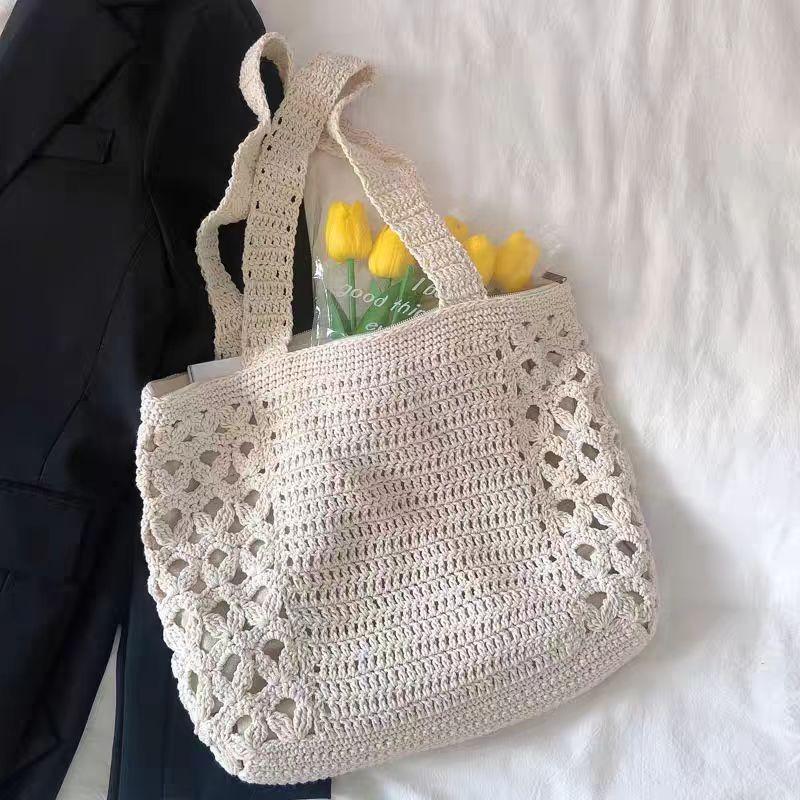 Lazy Wind Large-capacity Cotton Thread Woven Bag Hollow Shoulder Women's Bag Straw Woven Bag Vacation Wind Beach Bag Spring New Models