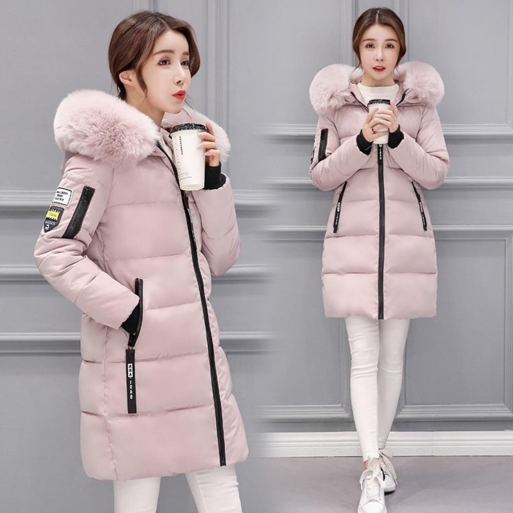 Women Winter Fur Collar Hooded Parka Fashion Letter Patch Zipper Pockets Design Long Jacket Elegant Slim Warm Thick Female Coats