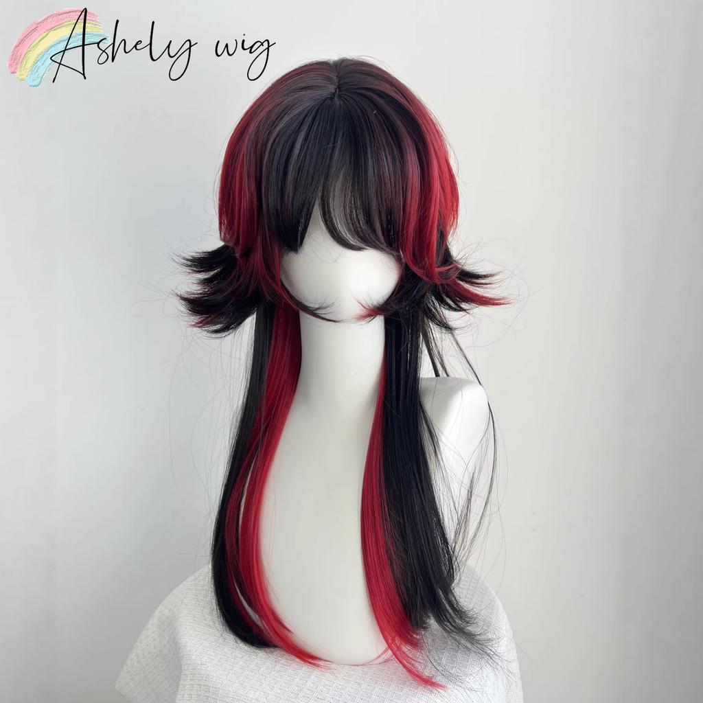 Ashely Jellyfish Head Black with Red Wigs with Bangs Subculture Y2K High Temperature Fibers Cosplay Synthetic Wigs for Daily Use