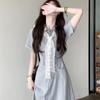 Elegant Women's French-Style Blue Summer Shirt Dress with Waist-Cinching and Long Silhouette