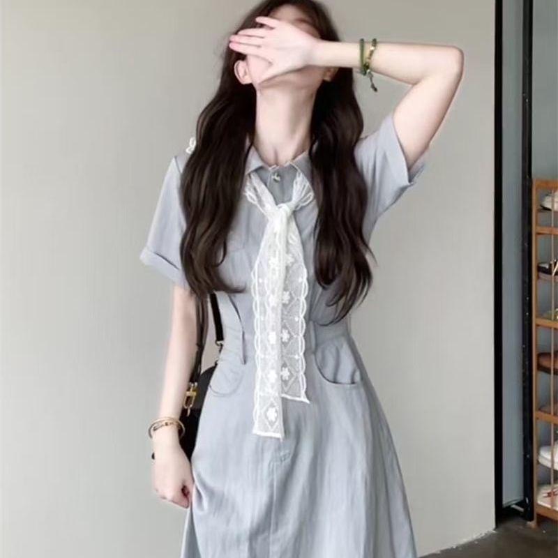 

Elegant Women s French-Style Blue Summer Shirt Dress with Waist-Cinching and Long Silhouette 3XL (for 70-80 kg)