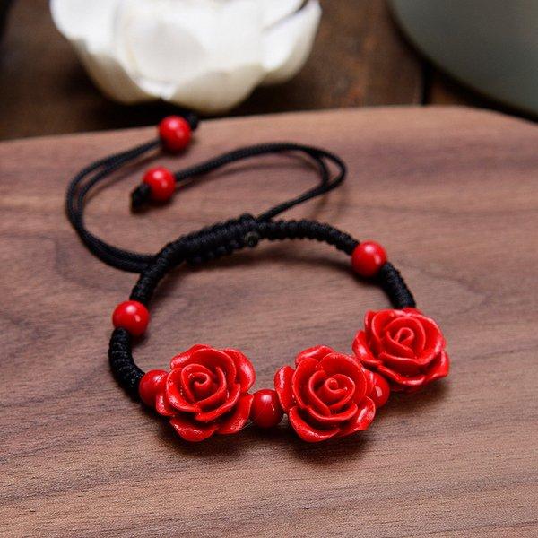 Korean Style Red Rose Imitation Pearl Bracelet For Women Luxury Zircon Flower Butterfly Adjustable Cuff Bracelet Wedding Jewelry