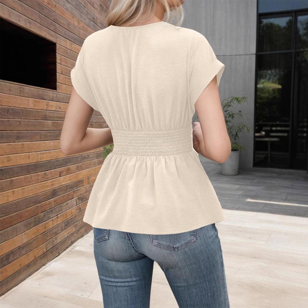 Women's Fashionable Loose V-neck Waist-cinching Color Raglan Sleeve Skirt With Pleated T-sleeves