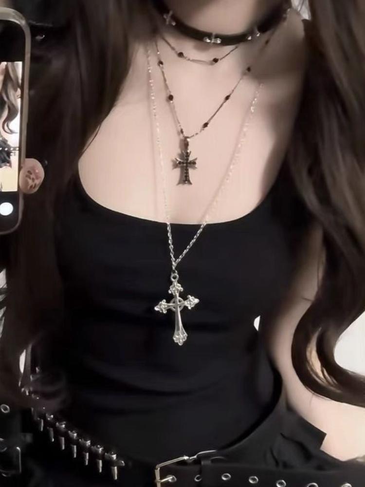 2/1Pcs Spicy Girls Gothic Lolita Cross Pendant Necklace Punk Women Sweet Cool Double Layer Beaded Chain Jewelry Accessories