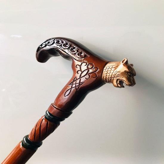 Handcrafted Tiger Head Walking Cane: Luxury Brass Wooden Stick