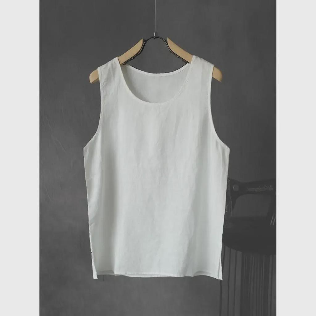 2024 Ärmelloses, lockeres Leinen-T-Shirt für Herren: Jugendliche, trendige, einfarbige, leichte Sommerweste.