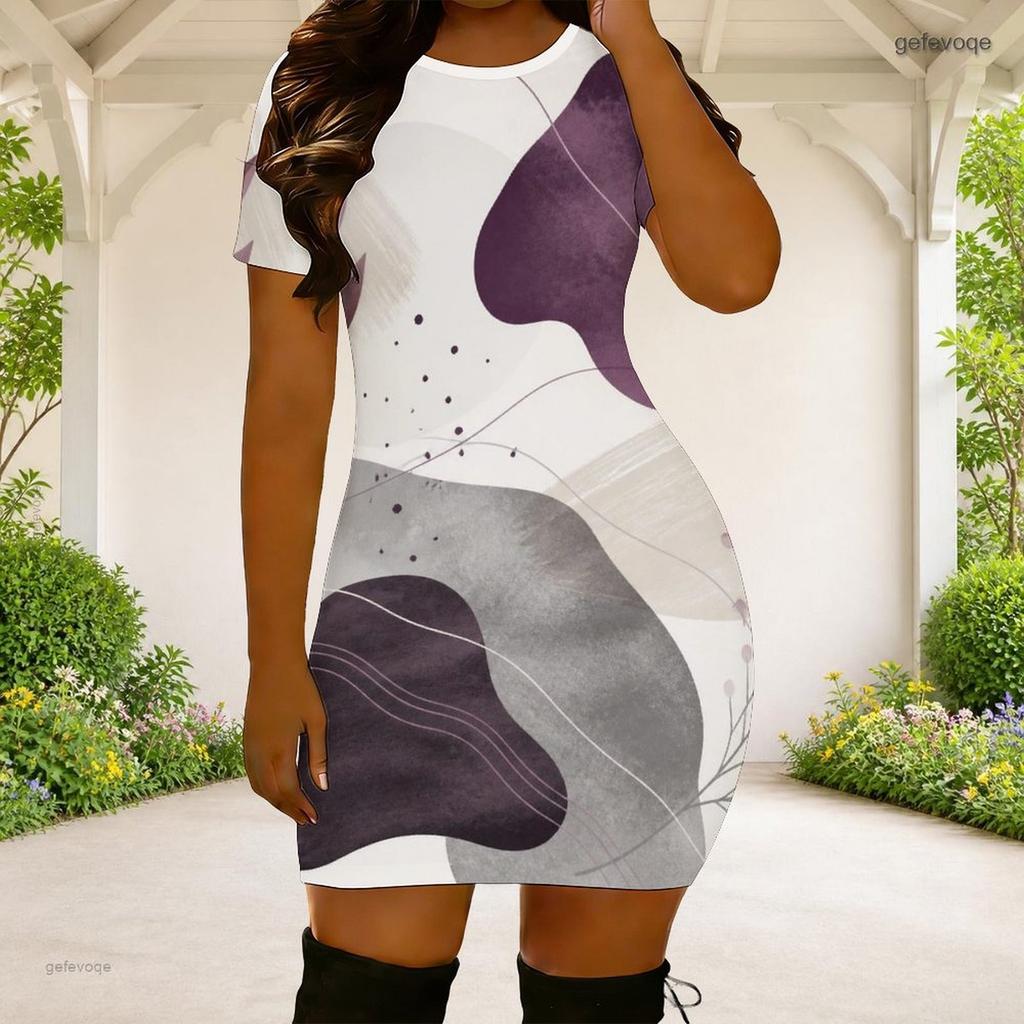 Women Plus Size Round Neck Short Sleeve Abstract Printed Fitted Mini Dress White Purple Gray