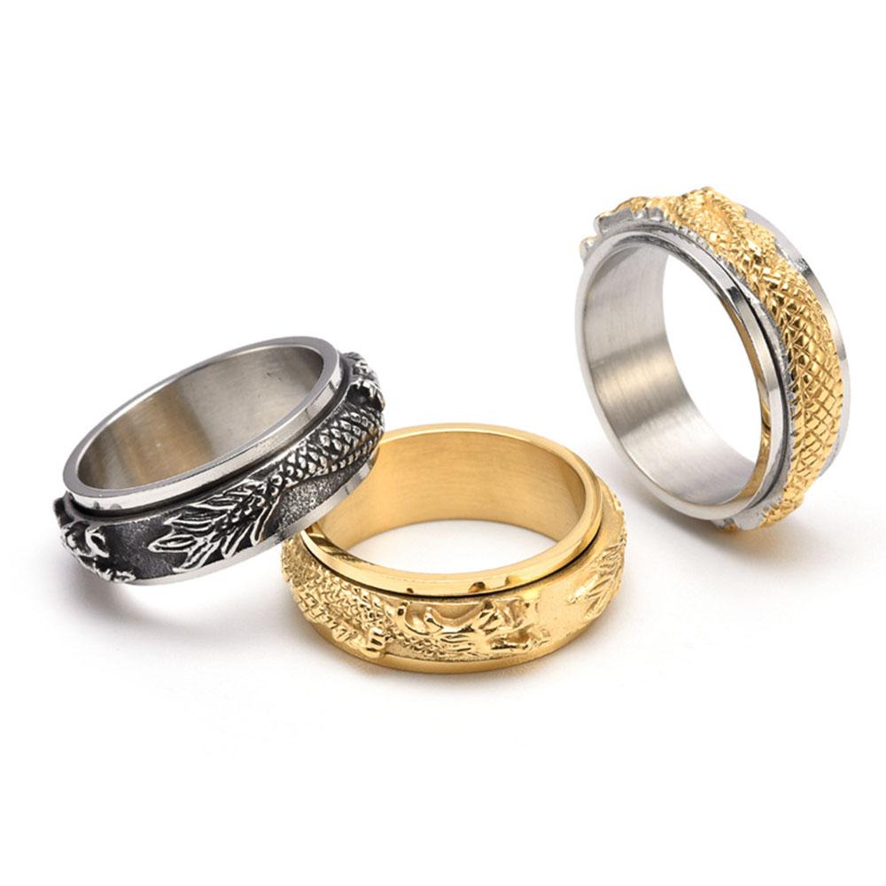 Titanium Stainless Steel 3 Color Rotating Dragon Band Punk Style Personality Men's Ring Jewelry Charm Party Gift