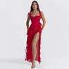Sexy Women Sleeveless Ruffle Split Maxi Dress Summer Solid Spaghetti Strap Square Neck Cocktail Evening Party Sun Dresses