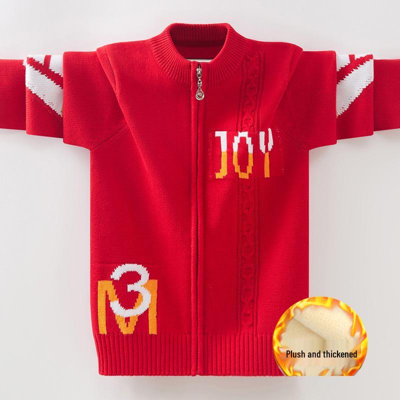 Boys' & Girls' Zip-Up Baseball Jacket, Fleece-Lined Knitted Cardigan for Kids, Spring/Autumn Style