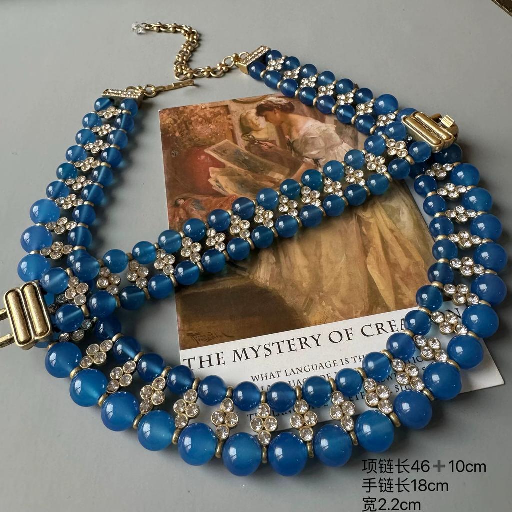 Vintage Blue Tone Elegant Women Jewelry Set, Necklace and Bracelet,High-end