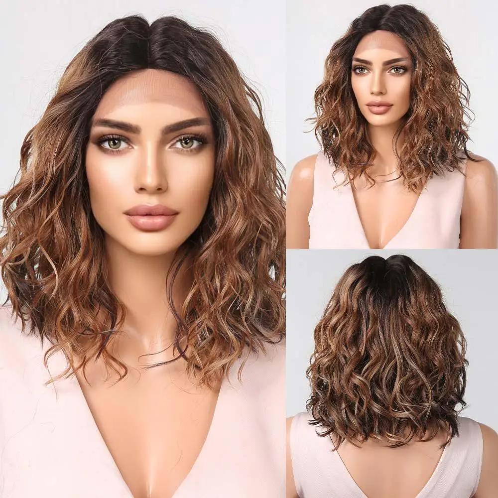 LOUIS FERRE Perucas sintéticas de renda frontal laranja marrom curto bob peruca com parte lateral uso diário festa peruca para mulheres resistente ao calor