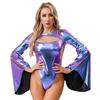 Body da Donna Lucido con Maniche Lunghe a Svasatura Zip Posteriore Invisibile Cutout Costume per Performance di Danza