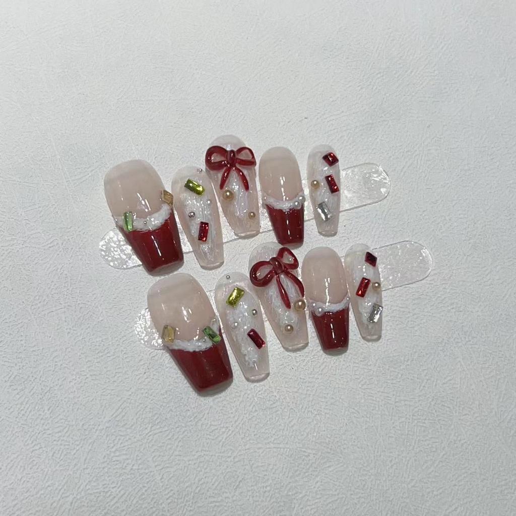 New Year's Manicure Pure Hand-wearing Nail Pieces Handmade Hand-painted Gypsum French Wine Red New Year's Manicure Bow