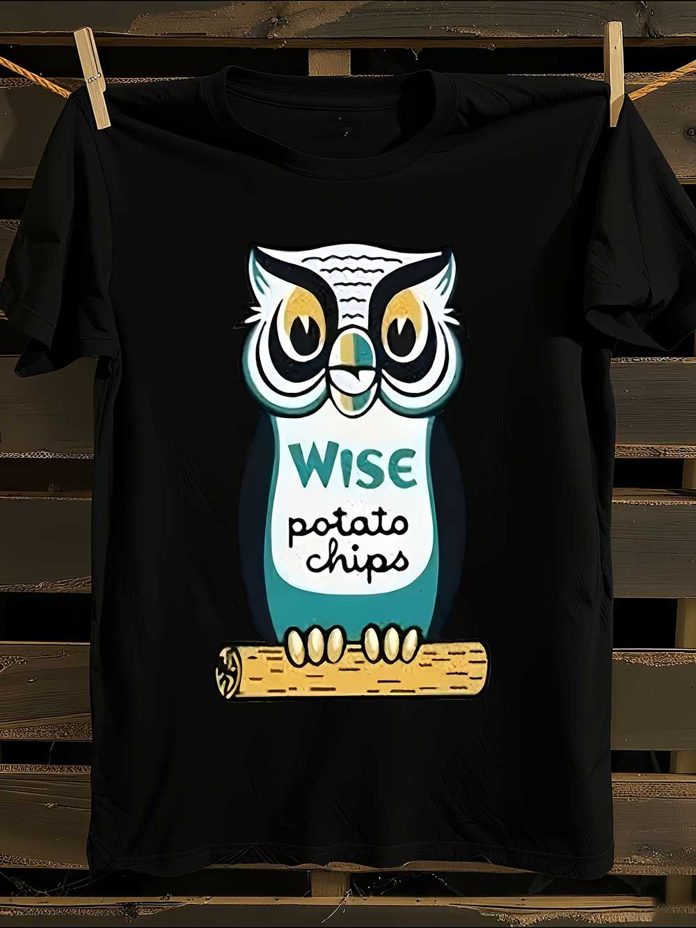Funny Wise Owl & Potato Chips Graphic T-Shirt Mens Tshirt Womens Tshirts with Letters Print Short Sleeves T-Shirt Casual Street Tee Shirt Top L
