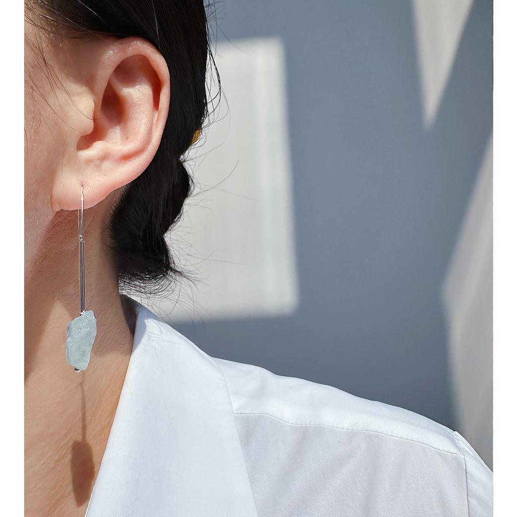 Summer Cool And Icy Imported Natural Aquamarine Beaded Necklace Silver Rock Sugar Square Earrings Set 456