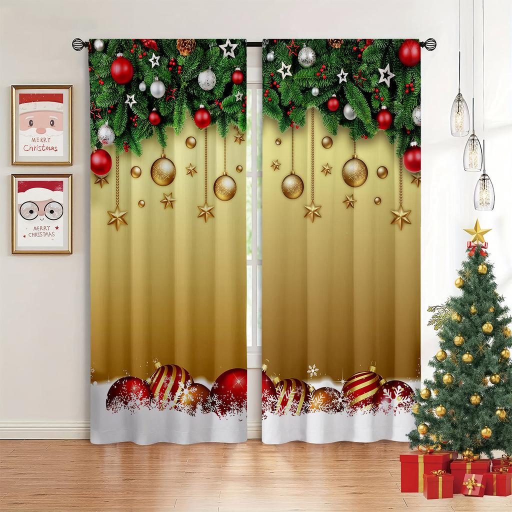 Christmas Bells Green Curtains Golden Red Snowflakes Christmas Elements Bedroom Living Room Kitchen Holiday Curtains 2 Pcs