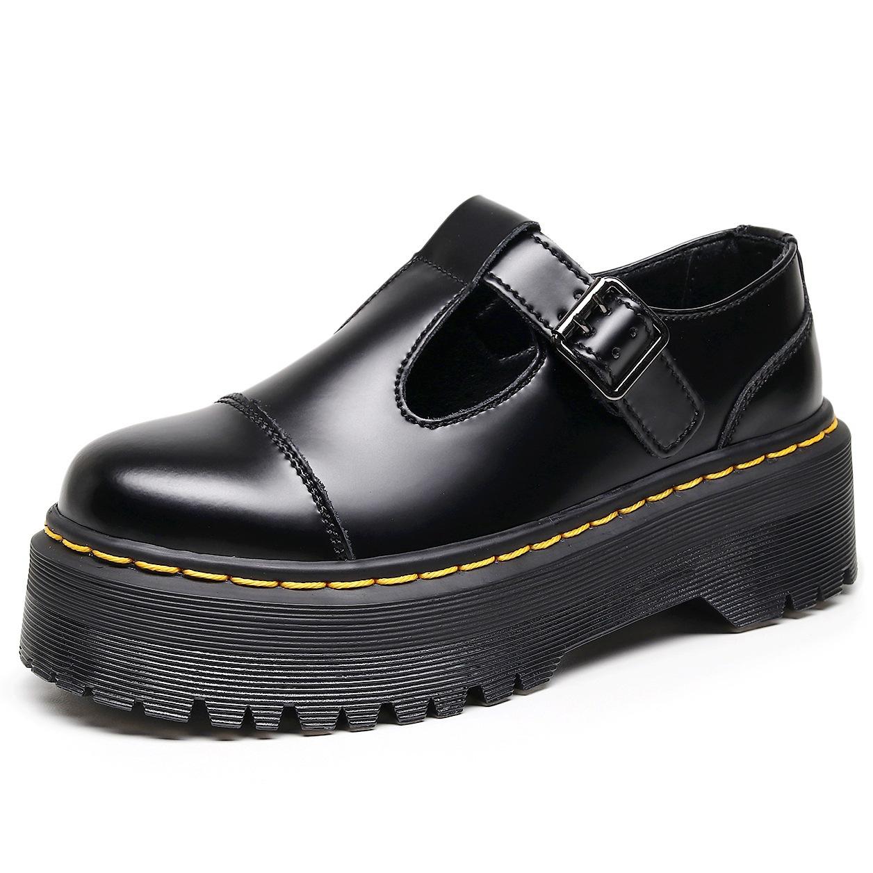 Xqwewanticeaa Women's Black T-Band Mary Jane Shoes, Genuine Leather Low-Top British Style Heightened Platform Shoes Cm