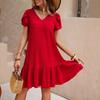 New V-neck solid color loose dress, loose and comfortable casual women
