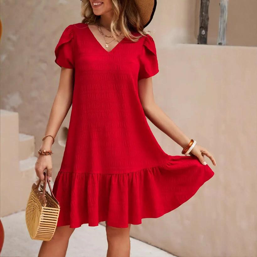 New V-neck solid color loose dress, loose and comfortable casual women