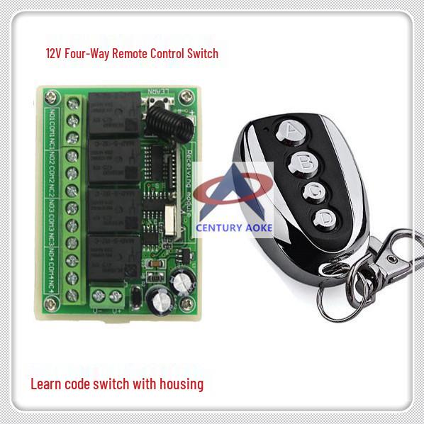 12V 4-Channel Learning Remote Control Switch + Metal 4-Button Remote Controller Four-Channel Receiver Remote Control Switch