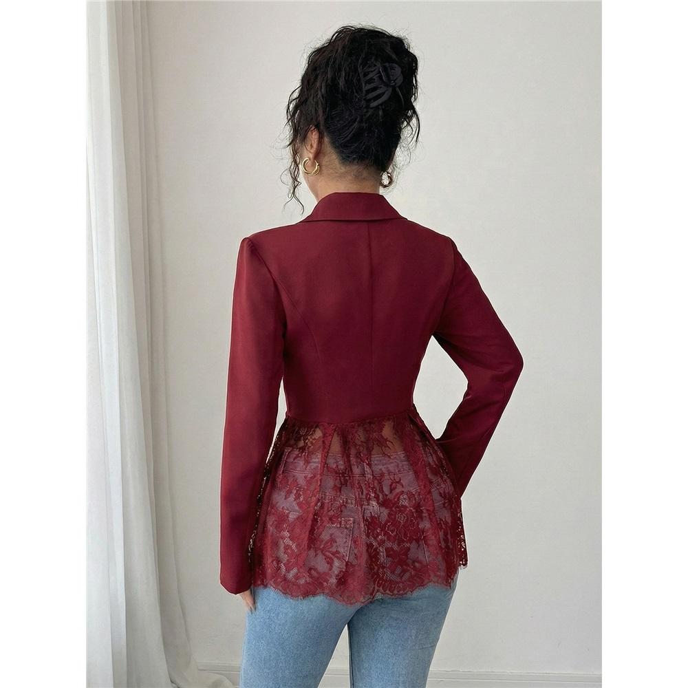 Blazer Donna alla Moda Primavera Estate Colore a Contrasto Pizzo in Vita Slim Linea ad A
