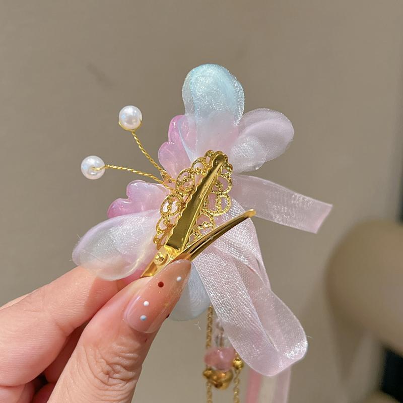 1 Pair Ancient Chinese Hanfu Girl'S Tassel Hair Clip Princess Style Flowing Silk Hairpin Adorable Headwear For Little Girls
