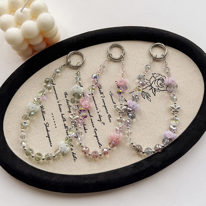Luminous Rose Phone Chain Alloy Butterfly Crystal Keychain Girl Anti-Lost Wrist Strap Bracelet Earphone Case Charm Bag Decor
