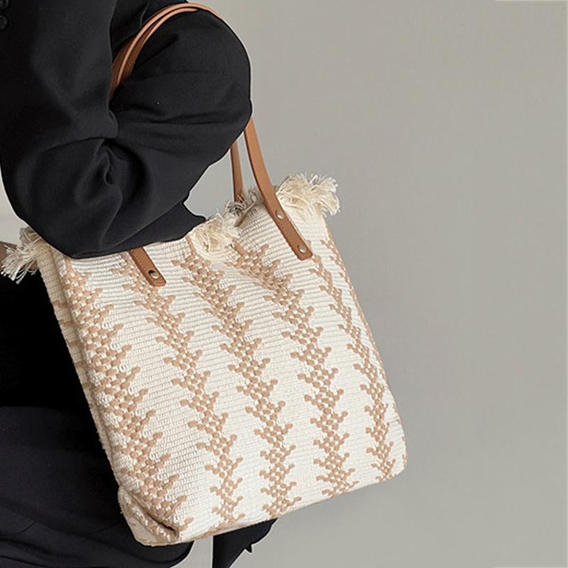Women Grocery Tote Bag Fringe Large Capacity Canvas Handbag Beach Reusable Shop Bag Contrasting Color Travel Shoulder Bag