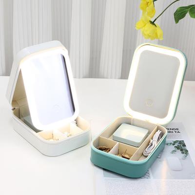 Cosmetic Storage Box with 3 Color LED And Mirror Large Capacity Multi Compartments USB Charging Jewelry