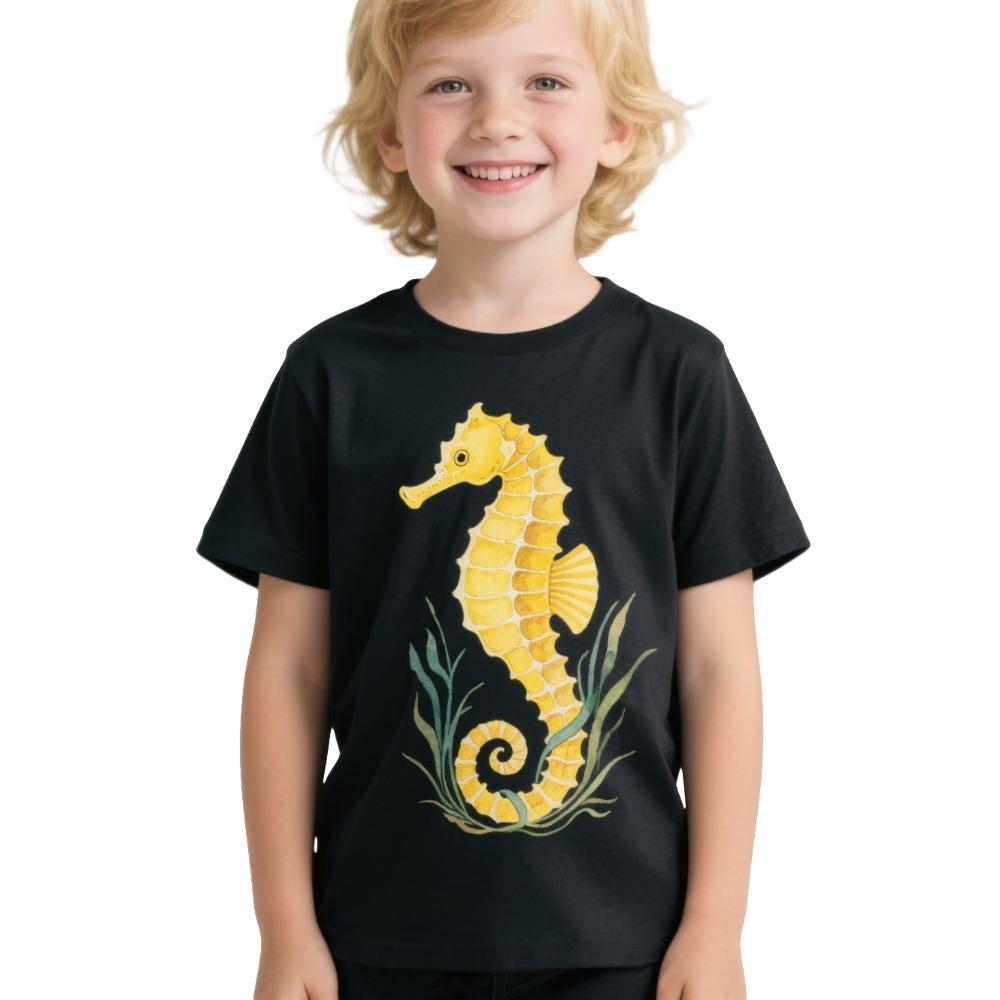 Summer children's casual T-shirt with sea turtle, marine animal print, black short sleeved T-shirt, fashionable cartoon pattern children's T-shirt