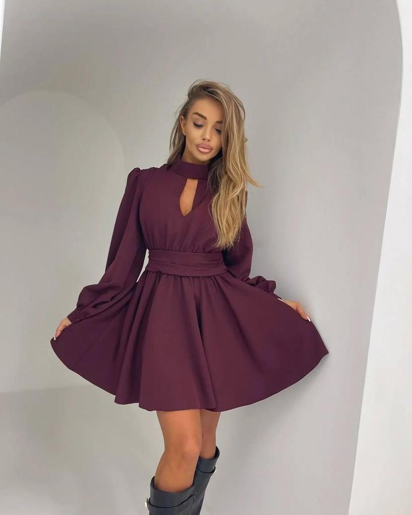 2025 European Spring/Autumn Sexy Hollow-Out Waist-Cinching Solid Color Dress for Women