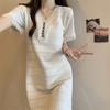 Korean Style Short - Sleeved Tassel - Decorated Sweet - Looking White Slim Knitted Dress Made of Ice Silk Fabric for Women To Wear Outdoors In Summer