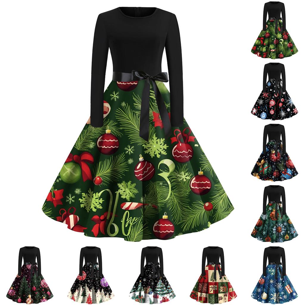 Women's Fashion Round Casual Slim Fit Christmas Print Large Swing Long Sleeve Dress