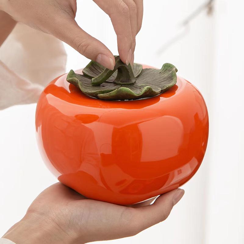 Ceramic Persimmon Tea Caddy - Large/Medium Sealed Jar for Tea or Candy Storage