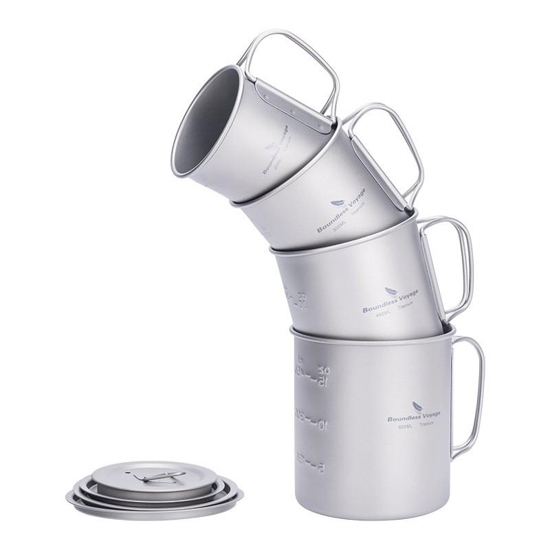 Pure Titanium Camping Cup With Foldable Handle Lid Portable Outdoor Water Bottle Hiking Coffee Tea Boiling
