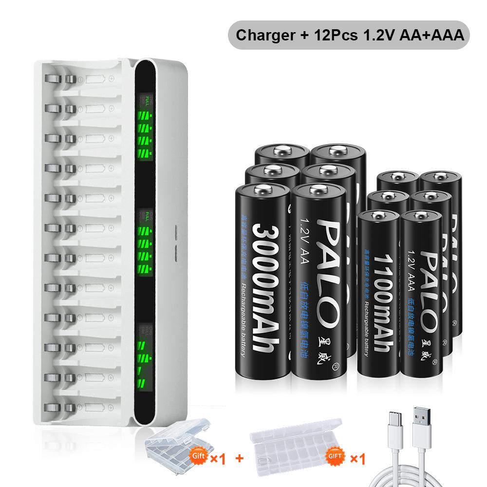 PALO 1.2V AA &AAA Ni-MH Dobíjecí Baterie Baterie 3000mAh &1100mAh 2A 3A Baterie +12 Slotů LCD USB 1.2V AA AAA NIMH NI-CD Nabíječka Baterií
