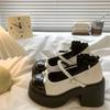 Xiaoxiangfeng French High-heeled Mary Jane Small Leather Shoes Women's Skirt Bow Pearl Black and White Color Matching Thick Heel Single Shoes