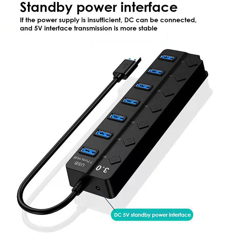 

USB3.0 7-Port Hub High Speed Data Transfer Expansion Dock with Individual Switches for Laptop Desktop PC As Shown A
