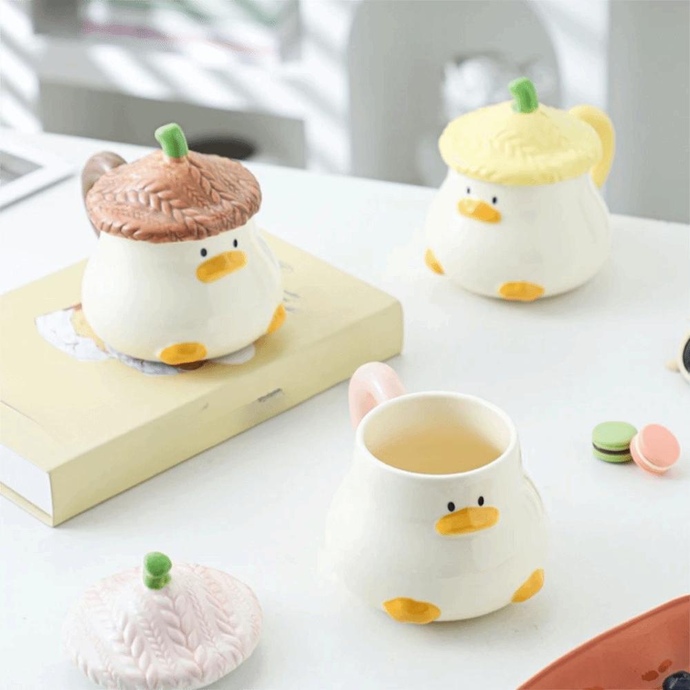 Dishwasher Safe 400 ML Cartoon Duck Ceramic Cup Heat-resistant with Lid Coffee Mug Under Glazed Breakfast Cup Kids Gift