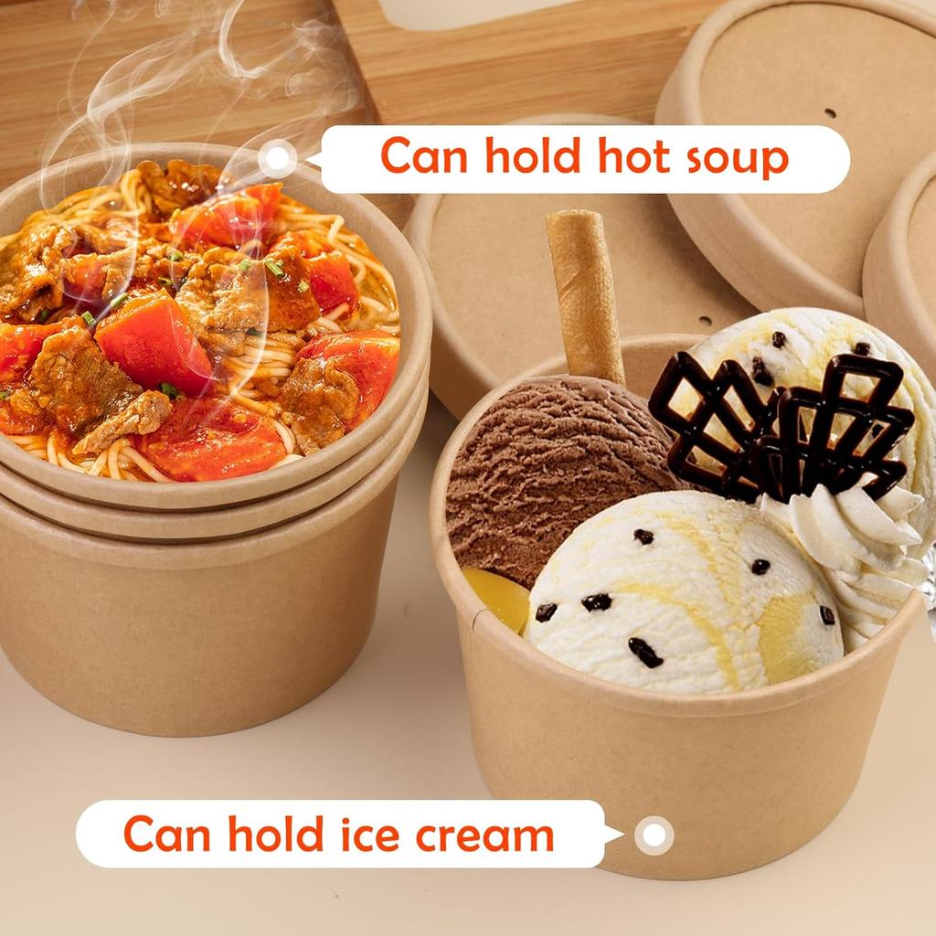 8 Oz 75 Pack Paper Soup Containers with Lids, Disposable Kraft Food Cups, Soup Cups Paper Ice Cream Cup, Dessert Cup, Yogurt Ice Cream Containers.